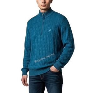 Izod Durham Teal Blue Cable Knit 1/4 Zip Collared Sweater LARGE Modern Blokecore